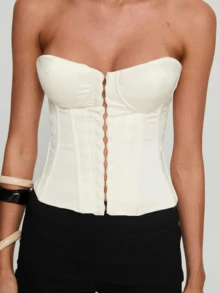 Women's Strapless Sweetheart Neck Corset Tops Solid Color Hook And Eye Closure Front Bandeau Tube Tops - Ivory White - View 4