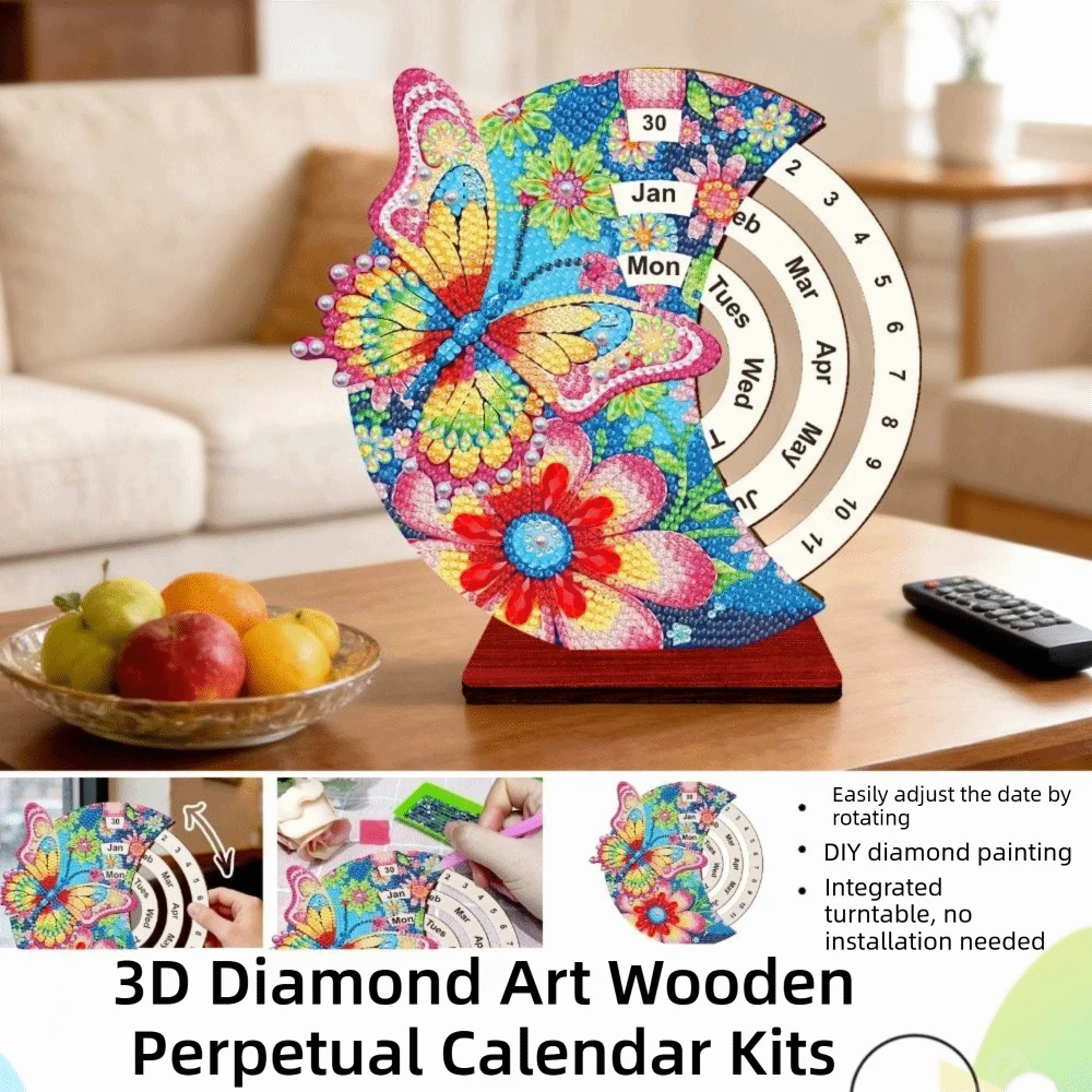 3D钻石艺术万年历套装 木质DIY手工钻石艺术日历 旋转钻石画日历 成人款 - 多色 - 查看 1
