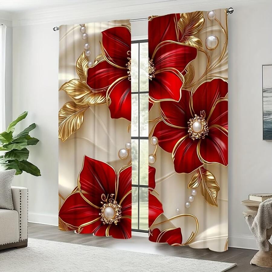 2 buah Tirai Motif Bunga Merah dan Daun Cokelat Tua - Dengan Desain Saku Batang yang Mudah, Bahan Poliester, Dapat Dicuci dengan Mesin, Sempurna untuk Dekorasi Ruang Tamu, Kamar Tidur, dan Ruang Belajar - MultiWarna - View 1