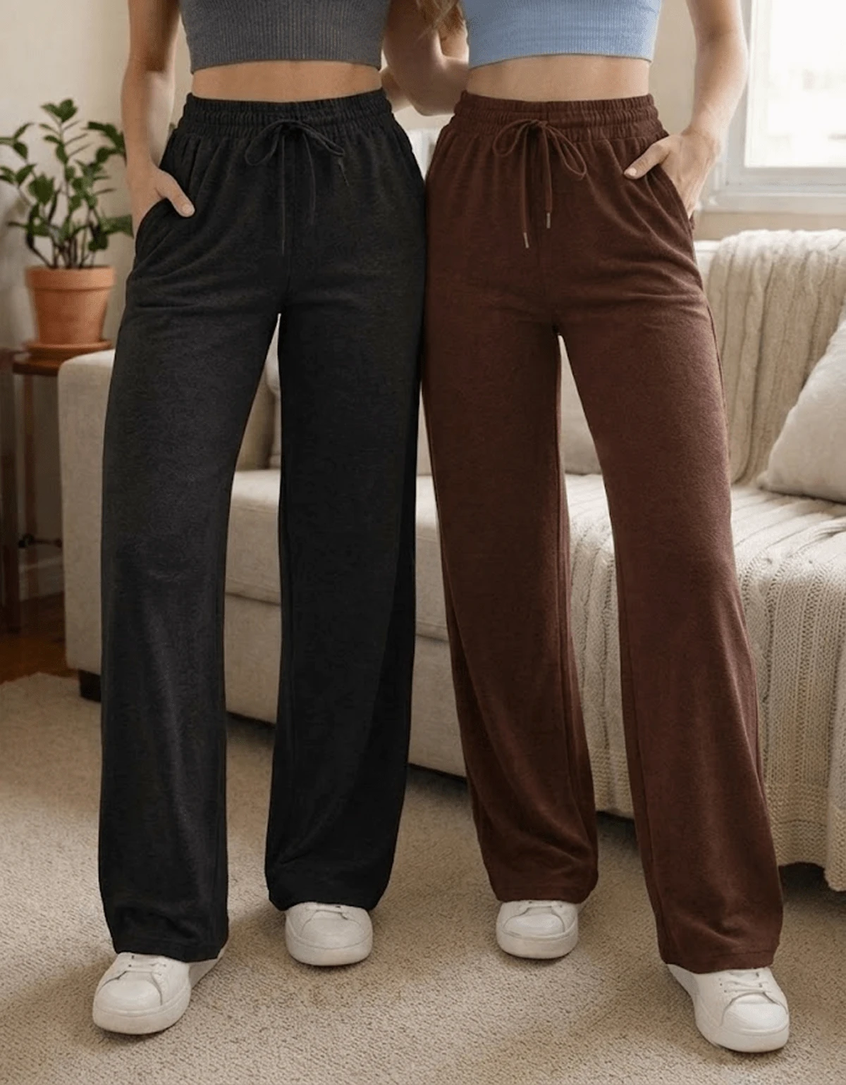 Kit Of 2 Comfortable, Loose-Fitting, And Casual Women's Woolen Wide-Leg Pants, With Pockets And Elastic Waistband. - Đen + Nâu - Xem 1