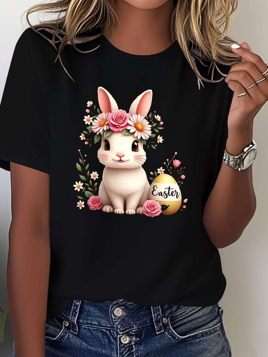 100% Cotton Women's Easter Bunny & Floral Print T-Shirt - Soft Pastel Spring Colors With Smiling Rabbit & Balloon Bow Design, Relaxed Fit Short Sleeve Round Neck Casual Easter Outfit, Machine Washable All-Season Comfortable White Blouse With Charming Rabbit & Floral Wreath Detail, Pink & Green Hues, No Transparency, Suitable For Spring Celebrations & Easter Gatherings - 黑色 - 查看 1