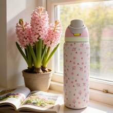 Owa Laa Light Pink Floral Pattern Large Capacity Stainless Steel Water Bottle,32oz/945ml,With A Straw,Exquisite Appearance,Keeps Drinks Hot Or Cold,Can Hold Iced Drinks And Water,Suitable For Leisure,Work,Sports,Indoors And Outdoors,Suitable For Students And Office Workers,As A Gift - 淺粉色 - 查看 2