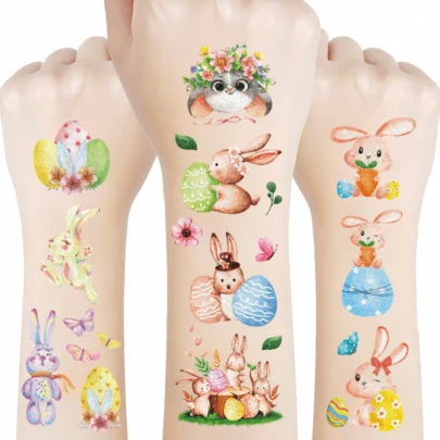 12pcs Glitter Easter Temporary Tattoos, Shiny Bunny, Eggs & Other Patterns, Waterproof Fake Tattoos For Music Festivals, Parties, Holidays, Cool & Beautiful Small Tattoos, Lasting 2-5 Days