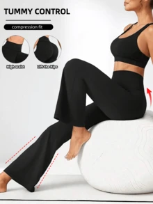 1pc High Waist Flare Leg Yoga Pants, Casual Flared Tights, High Waisted Slim Fit Bootcut Pants, Women's Thin Spring/Summer Workout Leggings, Fitness Slim Flare Cropped Trousers Black - Black - View 5