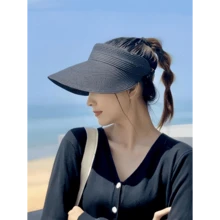1pc Fashion Straw Sun Visors For Women Wide Brim Hats Roll-Up Foldable Summer Beach Visor Hat - 多色 4 - 查看 9