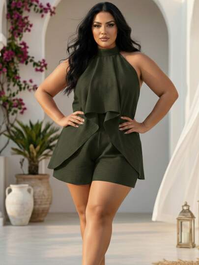 Macaquinho Vestido Plus Size Feminino Frente Única Solto Costas Abertas