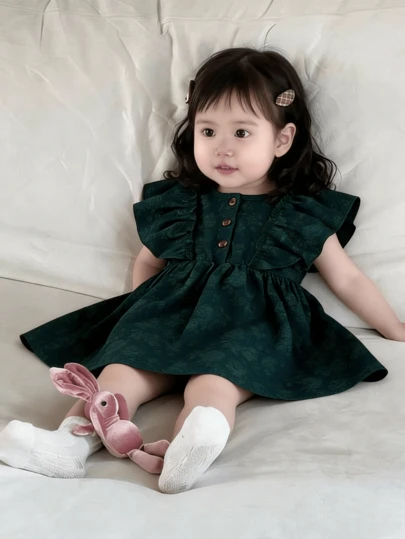 Baby GirlDark Green Patterned Cap Sleeve Dress, Vintage Sweet Puff Skirt Suitable For Daily Wear And Birthday Party
