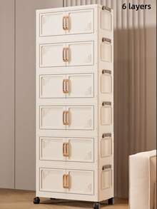 1个50厘米/19.69英寸宽可折叠储物柜，衣物收纳箱，便携式衣柜，双门折叠箱，1-6层可选，加厚双门带轮储物柜，无需组装，家用收纳整理好帮手，塑料折叠储物柜，适用于存放衣物和玩具 - 奶油色門 - 查看 10