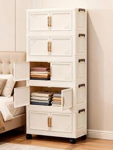 1个50厘米/19.69英寸宽可折叠储物柜，衣物收纳箱，便携式衣柜，双门折叠箱，1-6层可选，加厚双门带轮储物柜，无需组装，家用收纳整理好帮手，塑料折叠储物柜，适用于存放衣物和玩具 - 奶油色門 - 查看 3