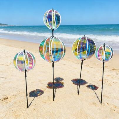 1个户外装饰透明风车，彩色薄膜炫彩风车，风向标，炫彩反光球形风车，适用于风景名胜、花园、庭院、草坪和园艺装饰