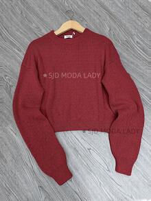 SJD MODA LADY Women's Striped Modal Knit Sweater, Solid Cropped Top For Women, Perfect For Autumn, Winter, LA Top, Off-The-Shoulder, Round Neck, Long Sleeves, Daily Wear, Office, Magazine Style, , Romantic, Retro, Casual, Chic, College, Minimalist, Versatile, Korean, Y2K, Teen, Youth - 酒紅色 - 查看 1
