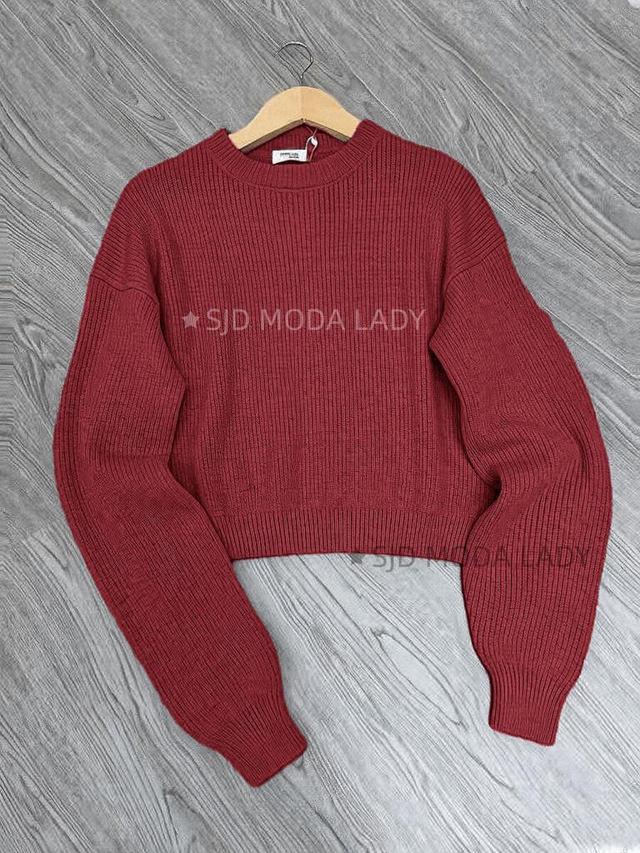 SJD MODA LADY Women's Striped Modal Knit Sweater, Solid Cropped Top For Women, Perfect For Autumn, Winter, LA Top, Off-The-Shoulder, Round Neck, Long Sleeves, Daily Wear, Office, Magazine Style, , Romantic, Retro, Casual, Chic, College, Minimalist, Versatile, Korean, Y2K, Teen, Youth - 酒紅色 - 查看 1