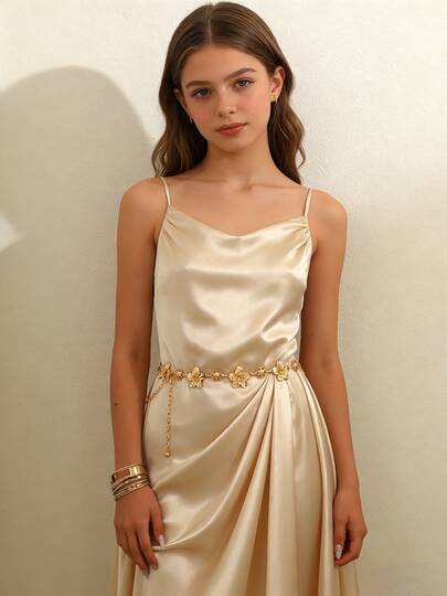 1pc Retro Fashionable Metallic Floral Waist Chain, Bohemian Style High-End Multipurpose Dress Belt, Suitable For Any Occasion