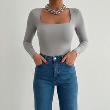 Women's Long Sleeve Square Neck Bodysuit In Spandex, Autumn/Winter Style, Immediate Shipping, Various Colors, Plus Size, One Size Fits All, Chic And Elegant - S/M/灰色 - 查看 2