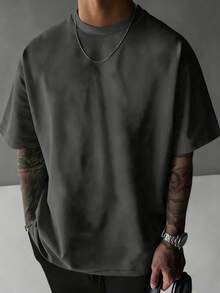 男士休闲时尚百搭玫瑰花印花圆领短袖T恤，夏季 - 深灰色 - 查看 2