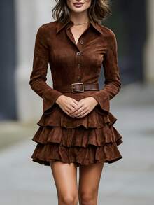 elfnokto 女士纯色绒面革荷叶边长袖衬衫裙，优雅 - 棕色 - 查看 6