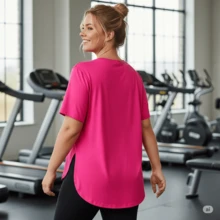 Plus Size Gym Blouse With Butt Coverage, Comfortable Women's Leggings, Loose Fit Fitness Blouses - Hot Pink - View 2