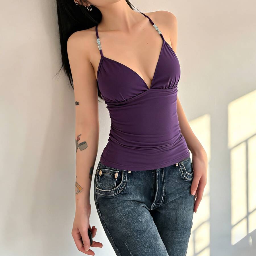 Áo croptop nữ dây đeo đính hạt, áo tank top hở lưng gợi cảm phong cách retro mùa hè, áo vest ngắn xếp ly phong cách Y2K thường ngày. - Màu tím - Xem 1
