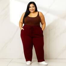Calça Feminina Plus Size de Malha Reta Cintura Alta Gestante Pijama Feminino Lycra Larga Pilates Grávida - Marsala - Visão 2