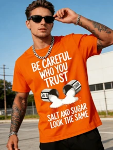 Men's Funny Gym T-Shirt With Salt & Sugar Trust Graphic Print - 200g Heavyweight Cotton Relaxed Fit Breathable Short Sleeve Crew Neck Casual & Workout Shirt For Summer - Salt Shaker Design Fitness Apparel For Salt Lovers (Machine Washable) - Black With White Salt Crystal Print, Loose Fit Outdoor Fitness Top, Geometric Pattern, Adult Men's Fashion, Humorous Salt-Themed Design - quả cam - Xem 1