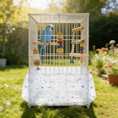 1件星形链条图案弹性鹦鹉笼防尘网，防掉毛，防溢漏，防蚊虫，透气，可重复使用，四季通用鸟笼罩