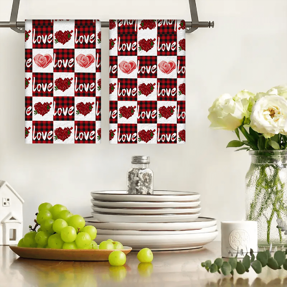 2/4/48pcs Kitchen Dishcloths, Red & Black Plaid Heart & Rose Pattern Polyester Dishcloths, Absorbent Soft Durable, Suitable For Kitchen Cleaning & Holiday Decor, Adding Romantic Atmosphere, Multi-Purpose, High Absorbency Kitchen Cleaning Towels