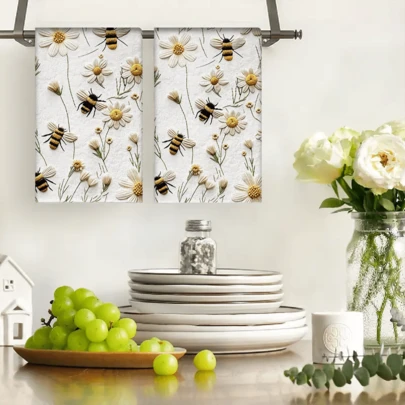 2/4/48pcs Kitchen Dishcloths, Absorbent Soft Durable Dishcloths, Bee & Floral Pattern Design, Daisy & Bee Decorative Design, Suitable For Daily Kitchen Cleaning & Holiday Decoration, Add Natural Aesthetic, Multi-Purpose High Absorbency Kitchen Towels