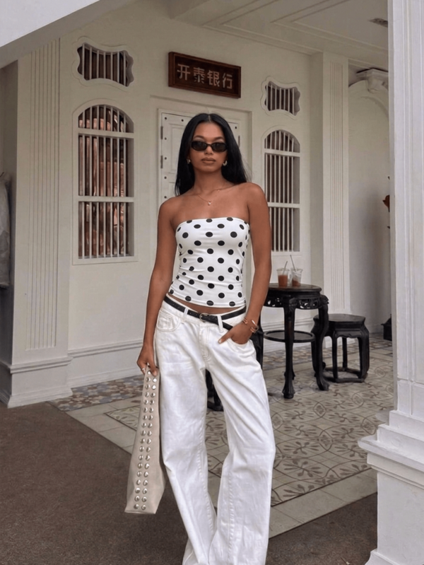 New Sexy Polka Dot Print Ruched Tube Top, Crop Top White Summer