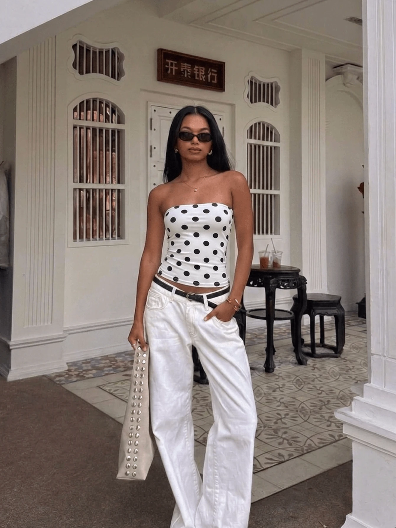 New Sexy Polka Dot Print Ruched Tube Top, Crop Top White Summer - White - View 1