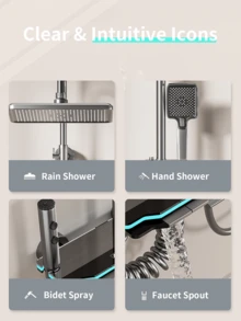 Juego de ducha de lujo con pantalla digital LED | Cabezal de ducha de lluvia grande de 12 pulgadas, control de teclas de piano montado en la pared, cabezal de ducha de mano, estructura de aleación de aluminio | Equipo de baño moderno y ducha al aire libre - Gris Oscuro - Ver 5