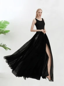 1 pieza Falda larga negra para mujer, falda de estilo gótico con abertura lateral blanca/roja para actuación en escenario, falda con lazo en la cintura, falda con superposición transparente, falda interior de malla de 150 cm de largo, linda minifalda - Multicolor - Ver 6