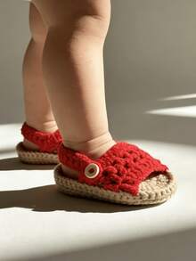 1 Pair Hand-Crocheted Infant Sandals, Soft Knitted Pre-Walker Shoes - Red - View 7