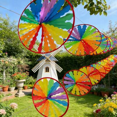 1 Set Outdoor Yard Decor Wind Spinner, Fabric Windmill, Rainbow Windmill String, Party Atmosphere Prop Wind Vane, Suitable For Outdoor Wedding, Party Decoration (10m Steel Wire + 8 Windmills)