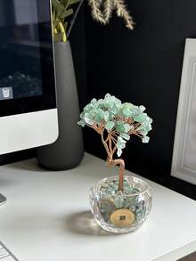1pc Natural Crystal And Healing Stone Made Green Money Tree Decor, Home Office Decoration, Feng Shui Ornament - Green - View 4