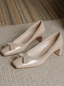 5厘米裸色蝴蝶结套脚高跟鞋，5厘米法式粗跟，适合搭配夏季连衣裙、海滩派对、聚会和通勤。 - 杏色 - 查看 1
