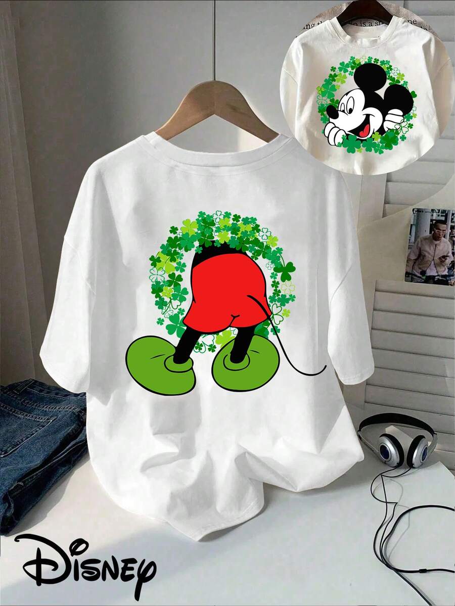 Disney Unisex Mickey Mouse St. Patrick's Day Clover Wreath Cartoon Pattern Short-Sleeved T-Shirt - Amusement Park Theme Round-Neck Top, Soft Cotton Breathable Fabric, Summer Casual Vacation Style, Fun Design, Suitable For St. Patrick's Day Celebrations & Amusement Scene Enthusiasts, Breathable And Comfortable - Blanc - Voir 1