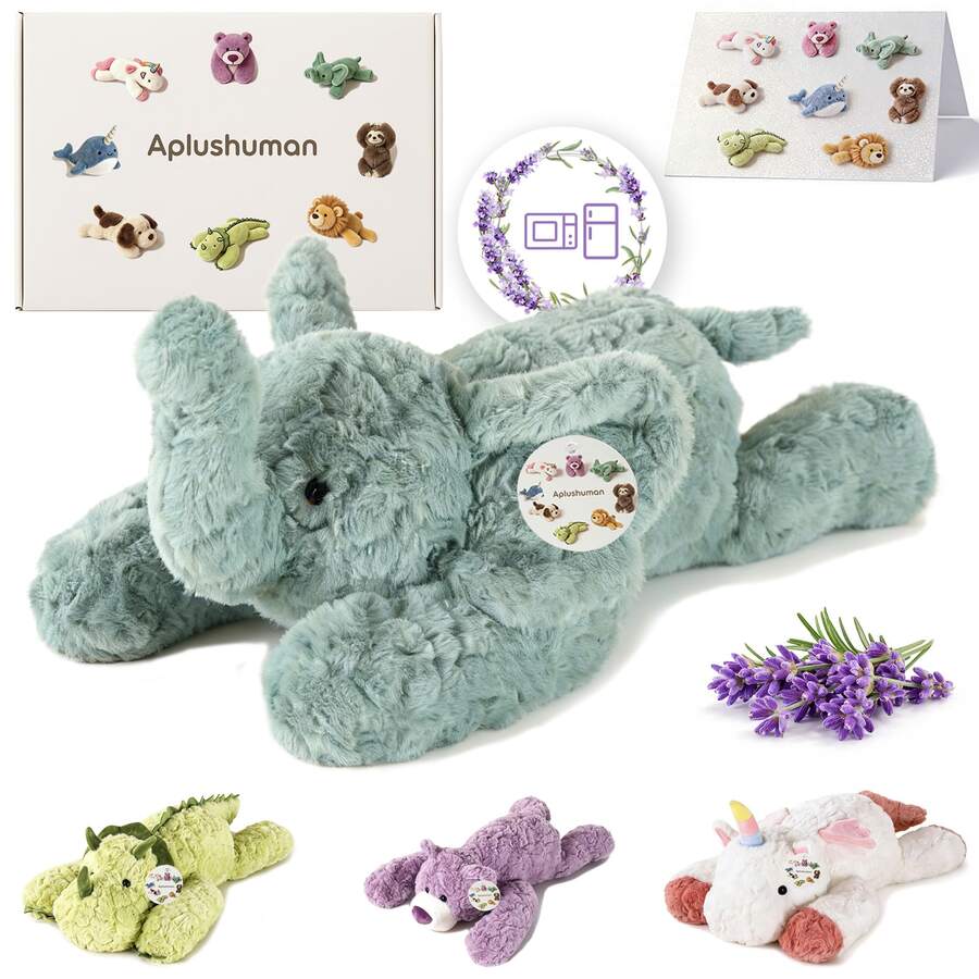 KOWSi Microwavable Heating Pad Triceratops Winged Unicorn Elephant Bear Plush - Weighted Stuffed Animal Toy With Tourmaline Beads & Lavender - 1.8 Lb For Long Lasting Cozy Warmth - Includes Gift Box & Greeting Card - Voi Xanh - Xem 1