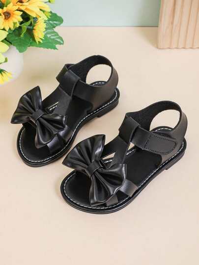 1双黑色加大码幼儿/小女孩平底凉鞋，纯色PU鞋带配大蝴蝶结装饰，闭合式，露趾，奢华时尚罗马凉鞋，适合3-15岁女孩，休闲、派对、旅行，2025春夏款