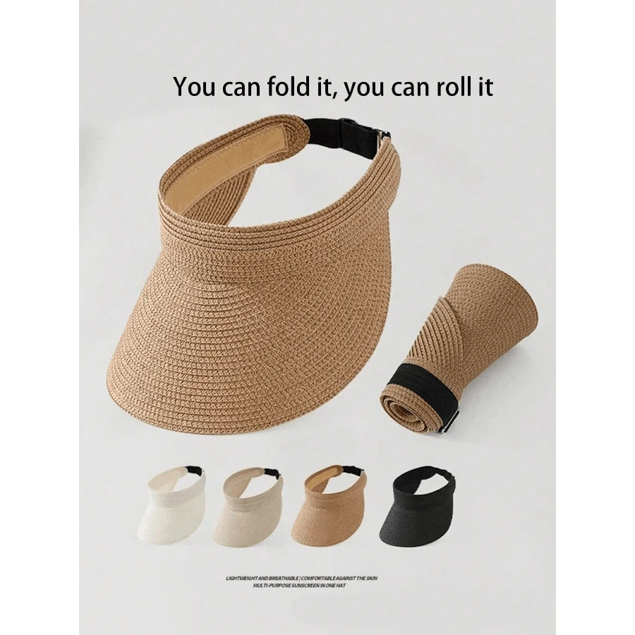 1pc Fashion Straw Sun Visors For Women Wide Brim Hats Roll-Up Foldable Summer Beach Visor Hat - 多色 4 - 查看 1