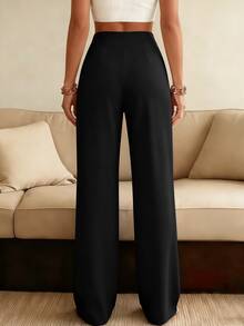 Women's Solid Color Wide Leg Straight Casual Pants, Minimalist Business Versatile Commuter Trousers Spring Black - Black - View 3