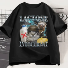 Maglietta divertente con meme di gatto intollerante al lattosio per uomo e donna, di stile retrò, a maniche corte, in cotone, casual, comoda, oversize - nero - Visualizzare 6