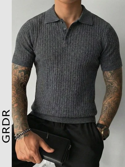  Áo Polo nam GRDR Summer Ribbed màu xám đậm, kiểu dáng đường phố Mỹ, ôm sát, sang trọng, cổ bẻ, cài nút, thích hợp mặc công sở.