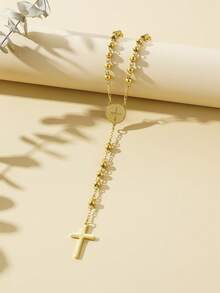 1pc 6mm Stainless Steel Gold Color Rosary Necklace, European And American Fashion Minimalist Style Cross Pendant Necklace - Gold - View 15