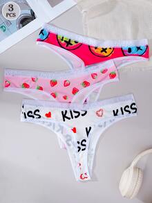 3条装女士可爱印花透气中腰丁字裤 - 彩色 - 查看 1