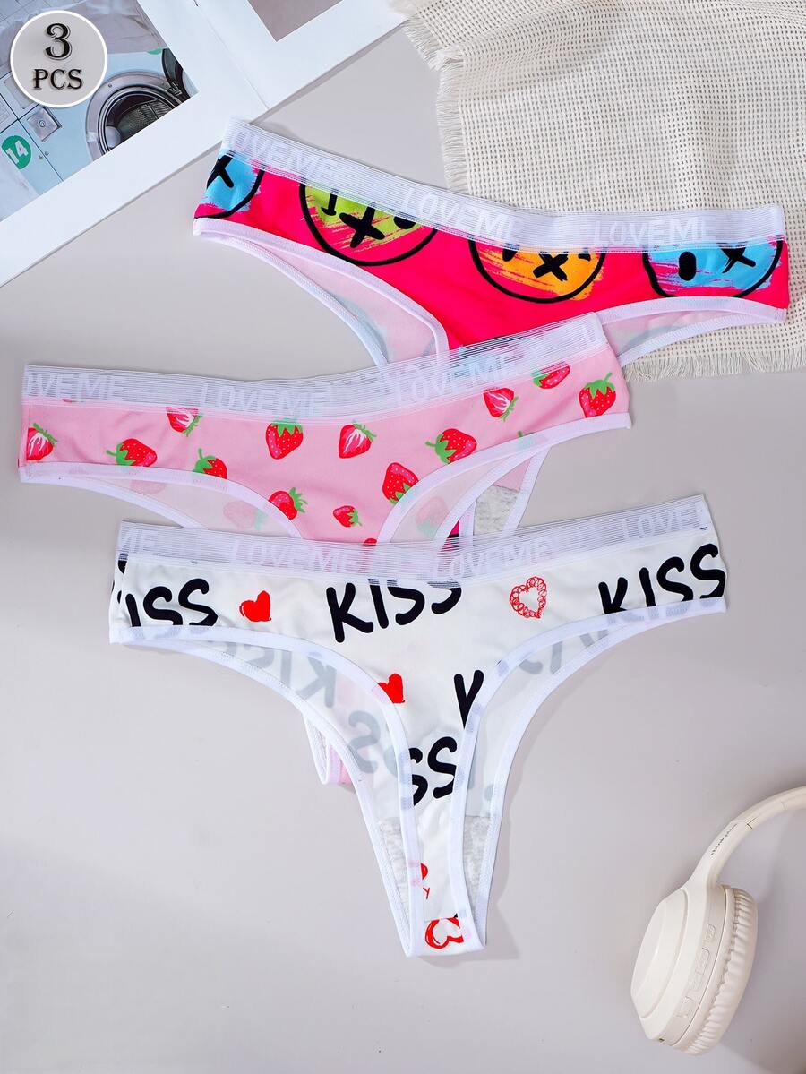 3条装女士可爱印花透气中腰丁字裤 - 彩色 - 查看 1