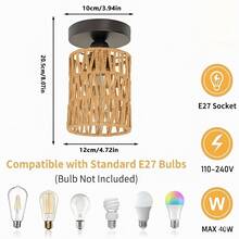 1个藤编吸顶灯，乡村风格嵌入式照明，波西米亚风吸顶灯，手工编织藤条灯罩，E27灯座，适用于客厅、卧室、玄关、走廊和餐厅，不含灯泡 - 黑色 - 查看 6