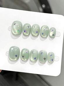 10 móng tay giả thủ công nguyên chất, móng ngắn, móng oval, màu xanh bạc hà tươi mát, kiểu mắt mèo với sequin sao hologram, đơn giản, nhẹ nhàng và dễ thương dành cho phụ nữ và bé gái, thích hợp cho các lễ hội mùa xuân, hè, thu, đông và sử dụng hàng ngày. - Màu xanh Bạc hà - Xem 2