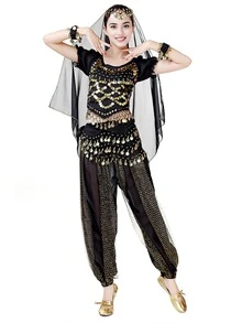 两件套女士肚皮舞服装，包括短袖上衣和哈伦裤，成人练习服 - 彩色 - 查看 3
