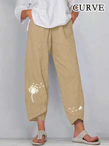Pantalones harem de talle elástico con estampado y bolsillos de 7/8 de longitud para mujer talla grande, primavera - Albaricoque - Ver 1