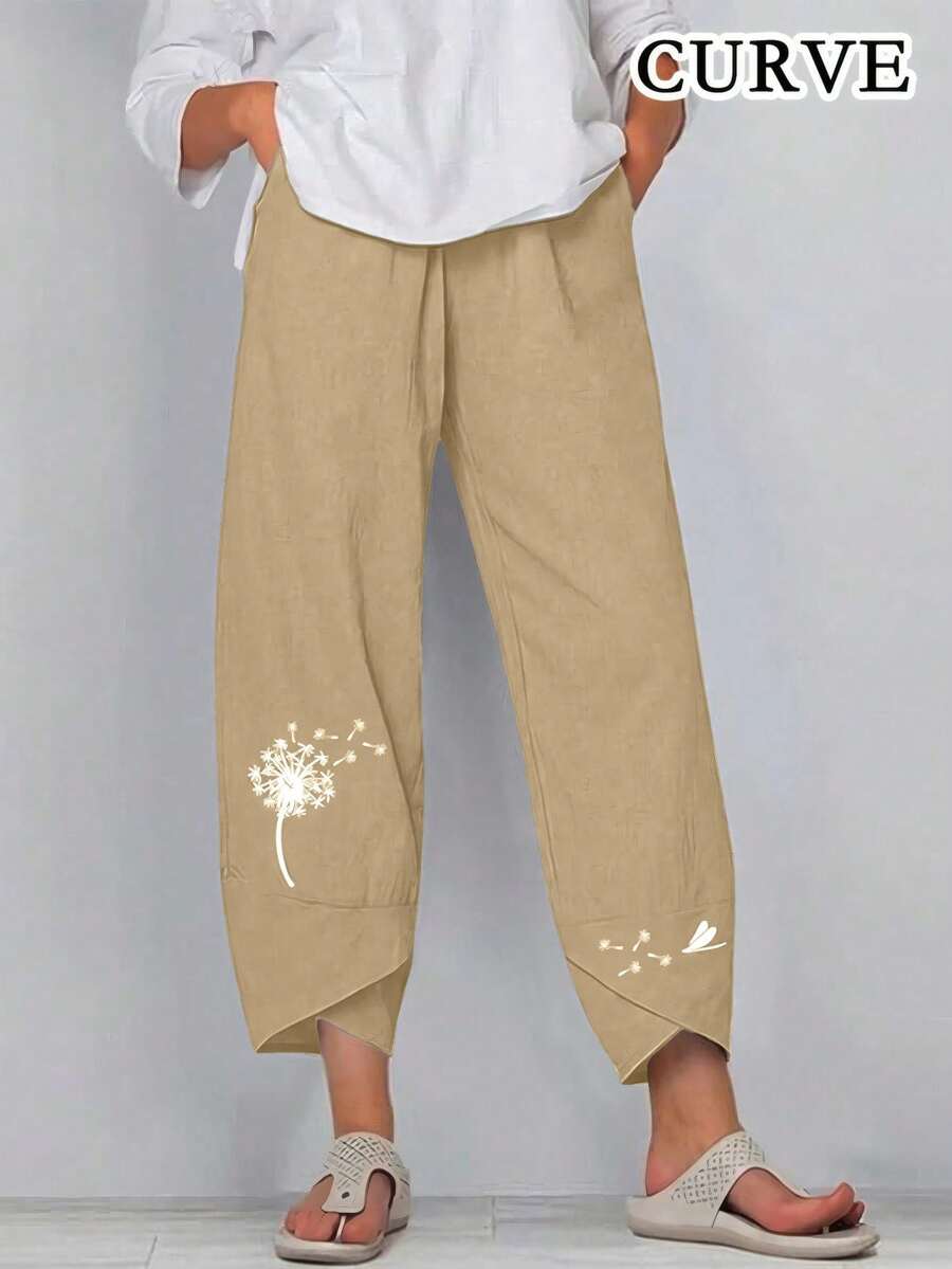 Pantalones harem de talle elástico con estampado y bolsillos de 7/8 de longitud para mujer talla grande, primavera - Albaricoque - Ver 1
